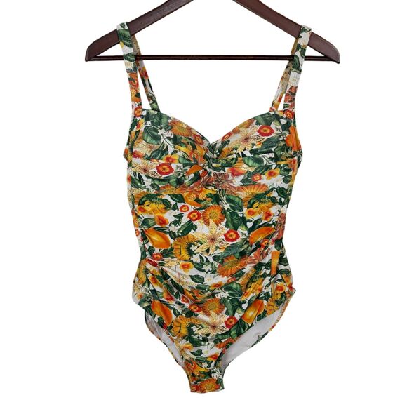Niptuck Swim Green Orange Floral Sunflower Green One Piece Swimsuit Women's 8 - Picture 2 of 8